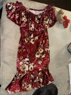 Floral Velvet Off-Shoulder Dress - Wine Red